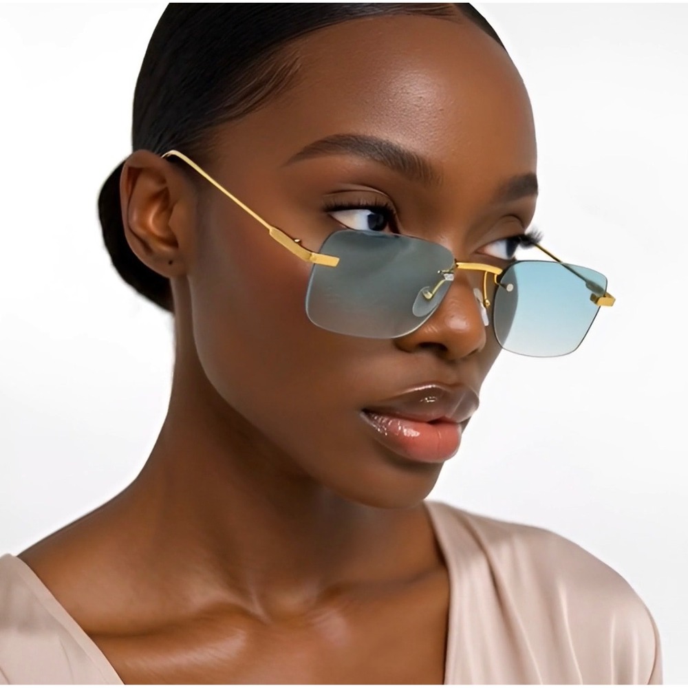 Frameless Women Sunglasses Gold Metal Frame Light‎ Green Gradient Lens Festival
